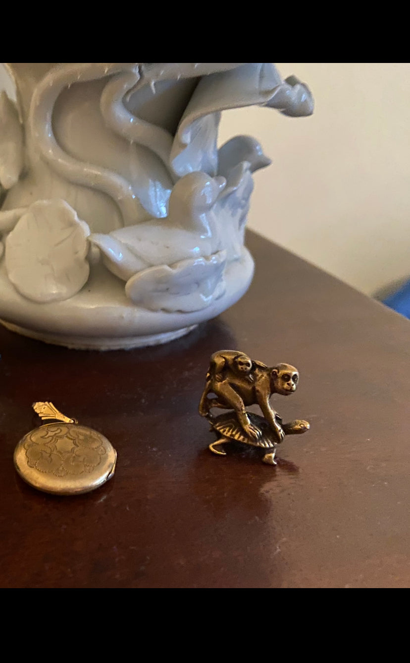 “2 Monkeys On A Turtle,” (Brass, Mini- Sculpture)