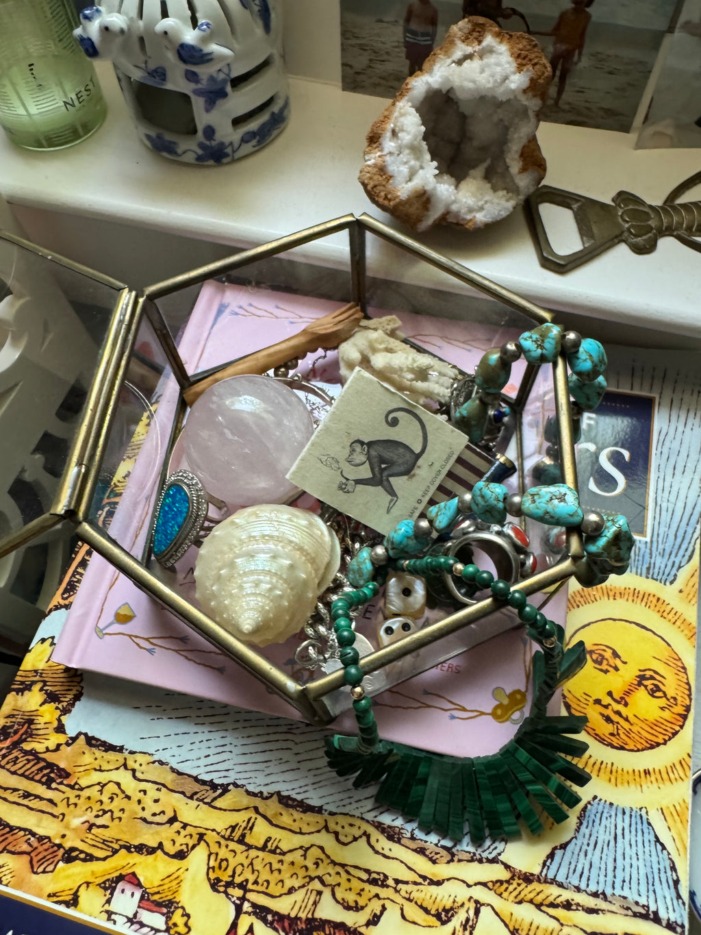 Antique Glass & Brass Octagon Box