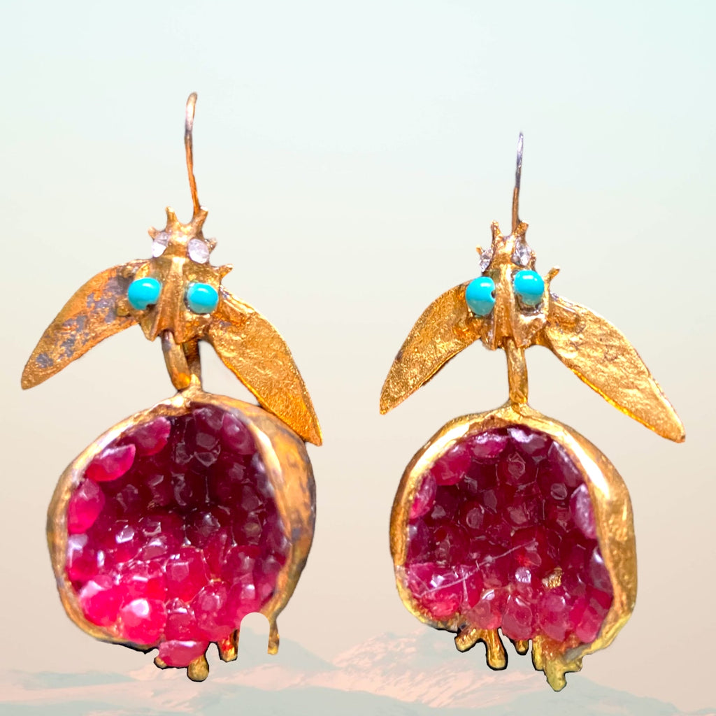 Gold, Rose crystal Pomegranate Earrings with Turquoise accents