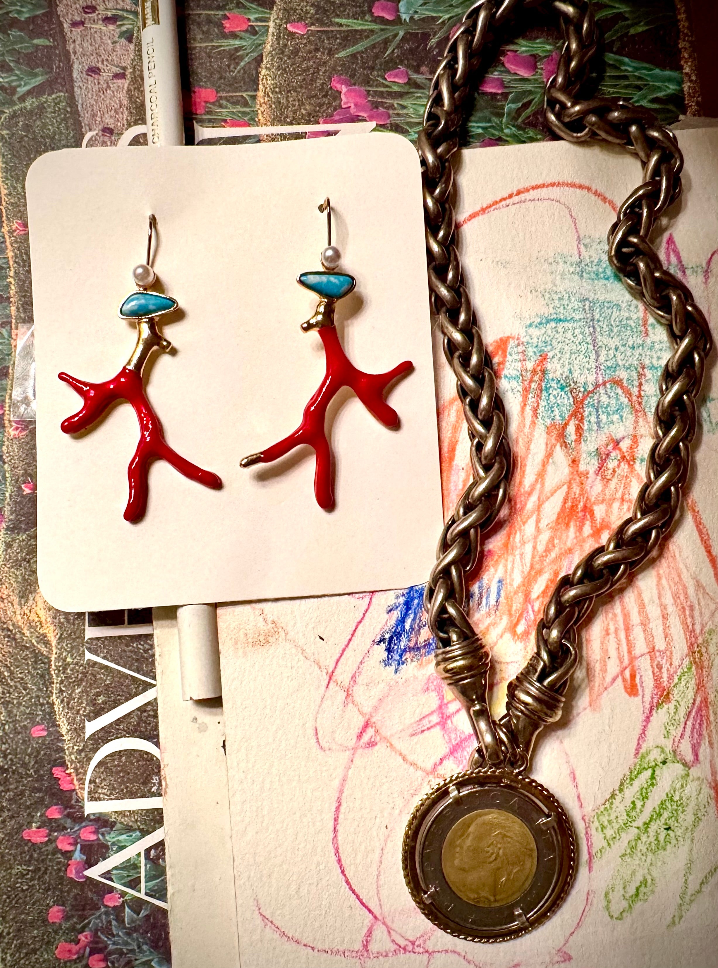 Red Coral branch, turquoise & pearl earrings