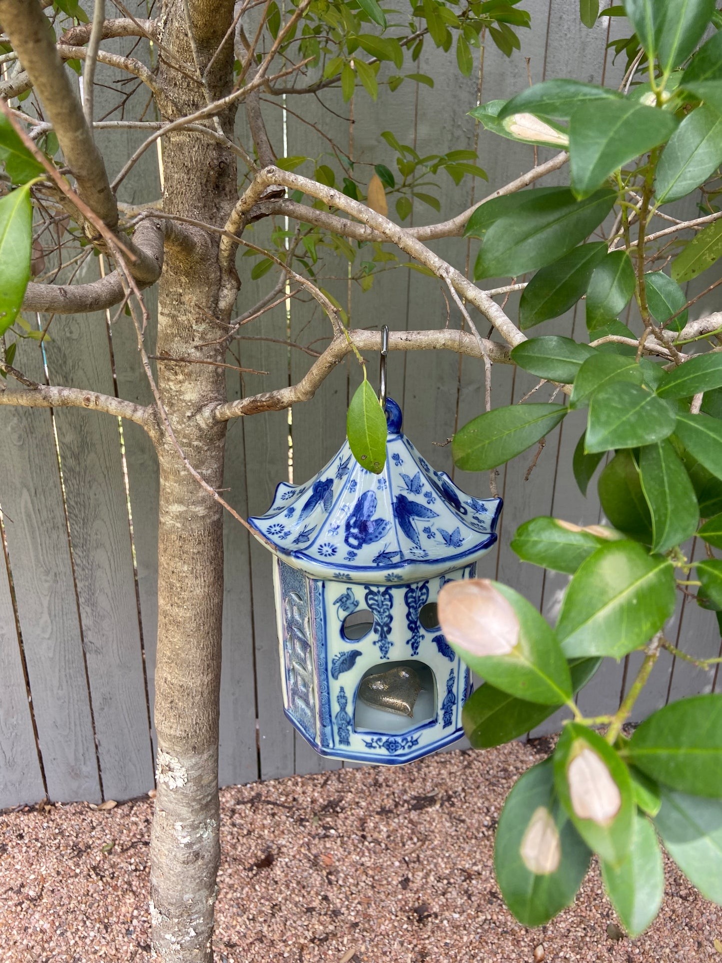 Zen-style Porcelain Chinoiserie Bird House Garden Lantern