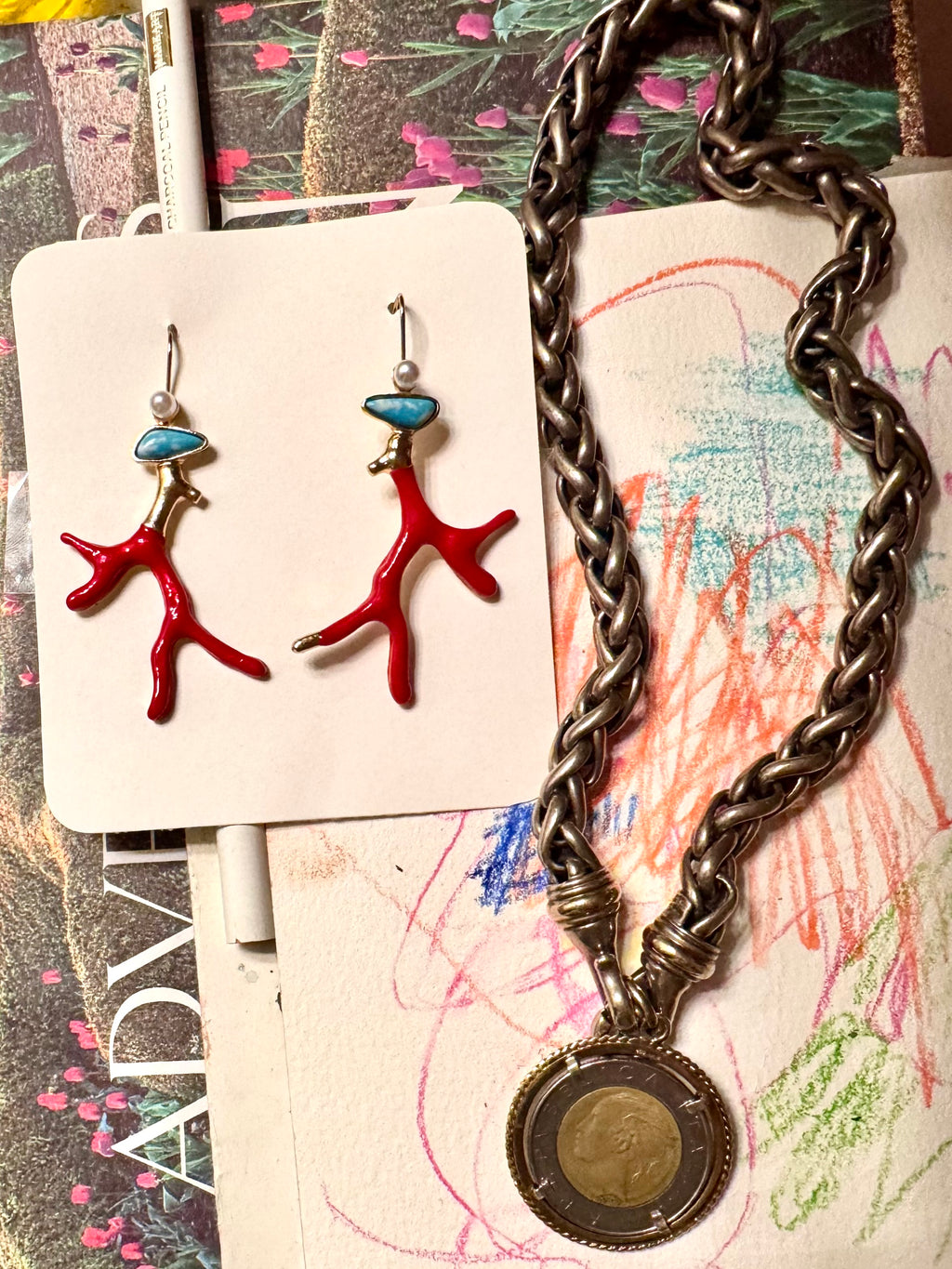 Red Coral branch, turquoise & pearl earrings