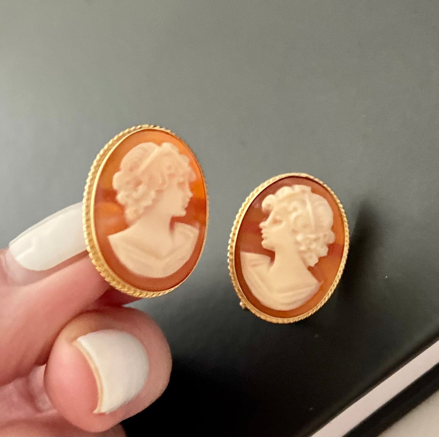 24K Gold Cameo’s. French hinge pierced posts from Antique Jeweler in Highlands, North Carolina