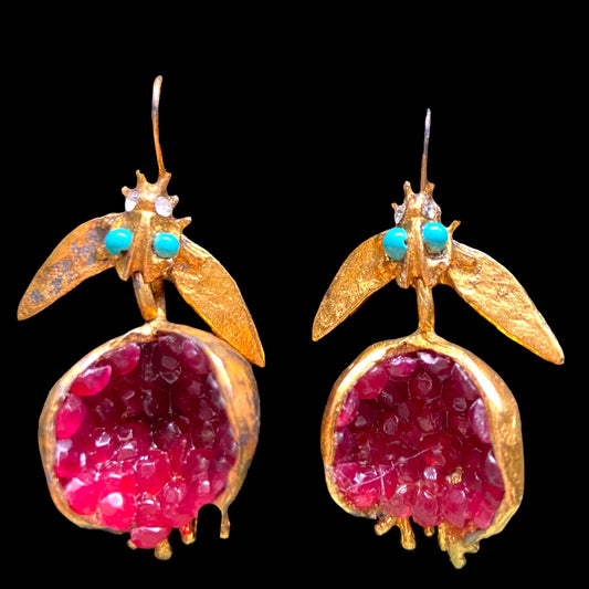 Gold, Rose crystal Pomegranate Earrings with Turquoise accents
