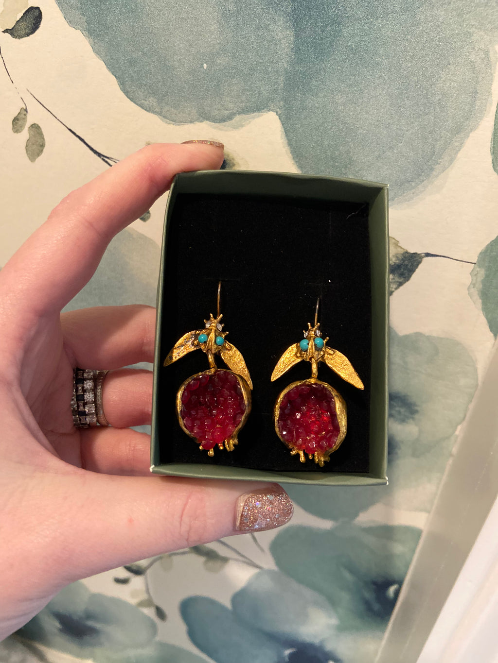 Gold, Rose crystal Pomegranate Earrings with Turquoise accents