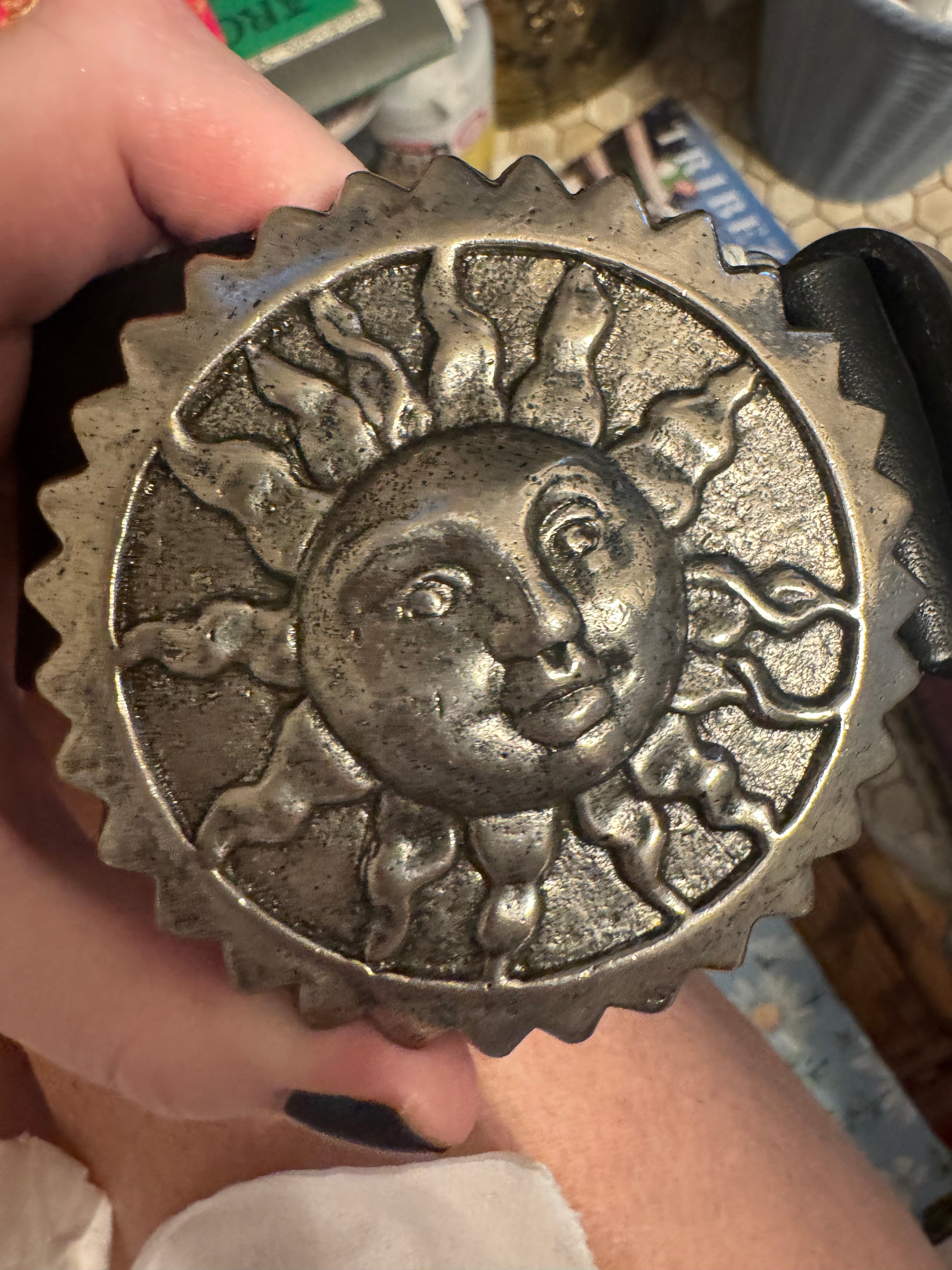 Black Vintage Belt with “Sun-burst,” medallion buckle