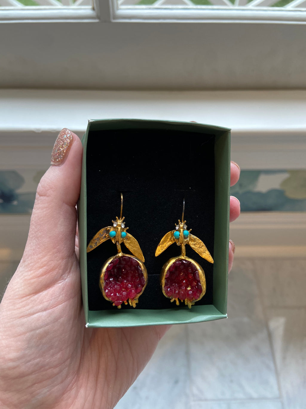 Gold, Rose crystal Pomegranate Earrings with Turquoise accents