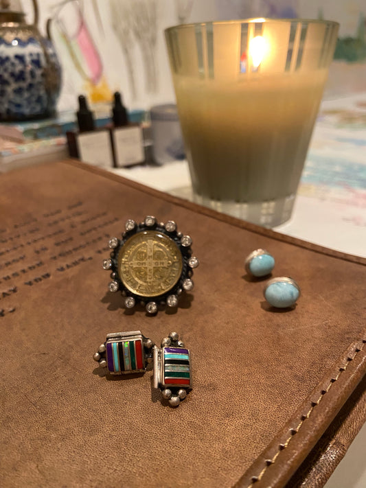 Opal, turquoise, jasper, sterling silver Navajo earrings