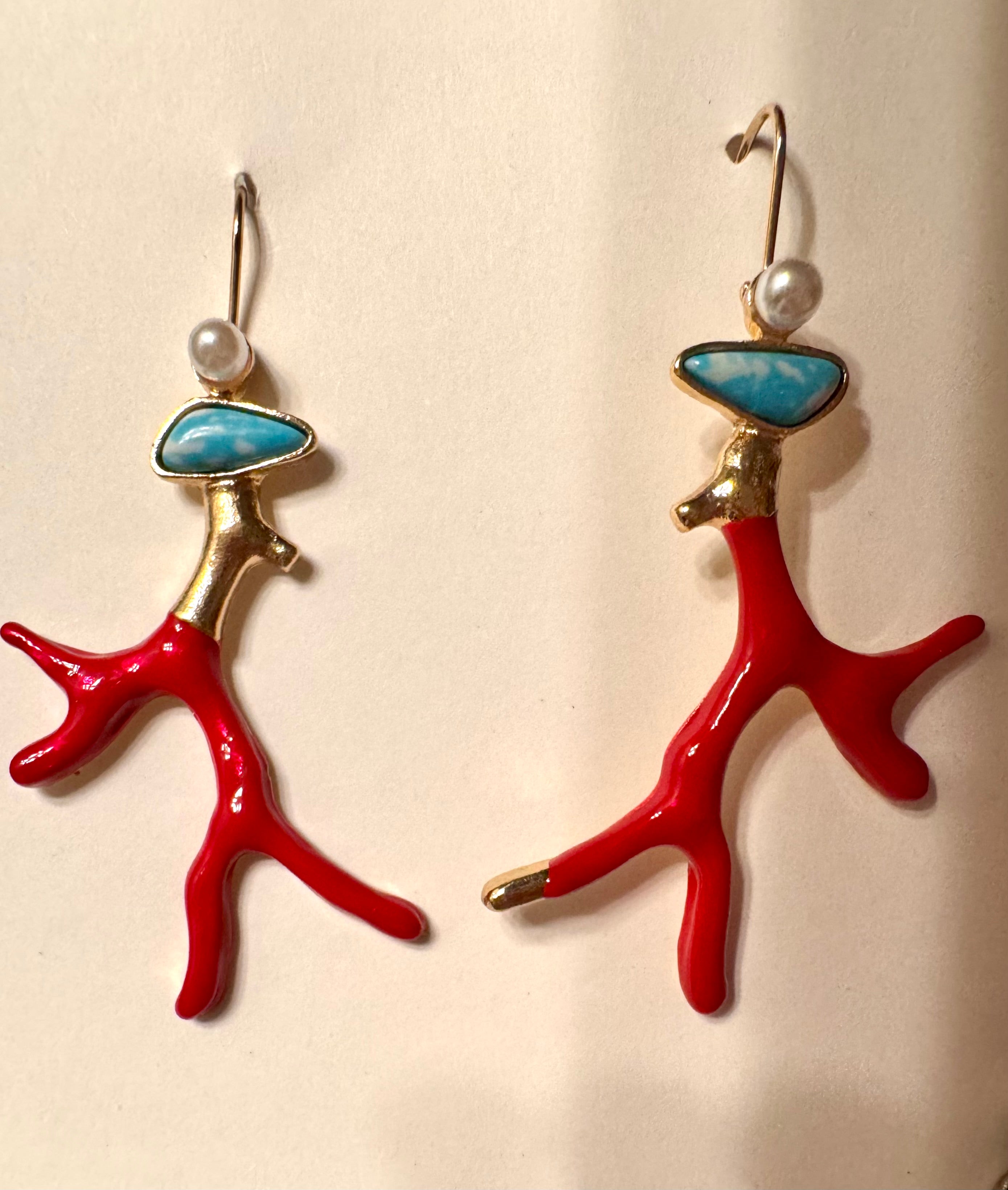 Red Coral branch, turquoise & pearl earrings