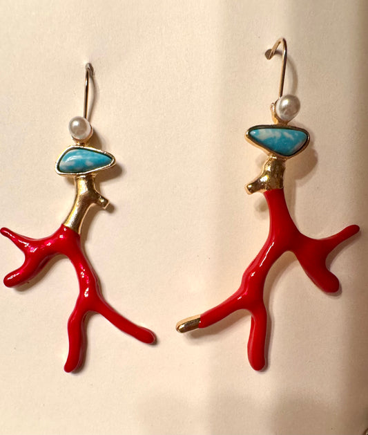 Red Coral branch, turquoise & pearl earrings
