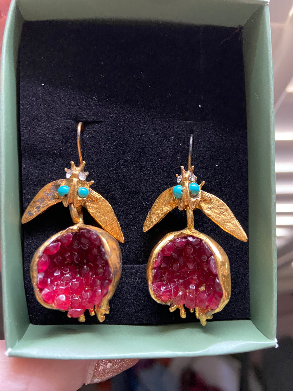 Gold, Rose crystal Pomegranate Earrings with Turquoise accents