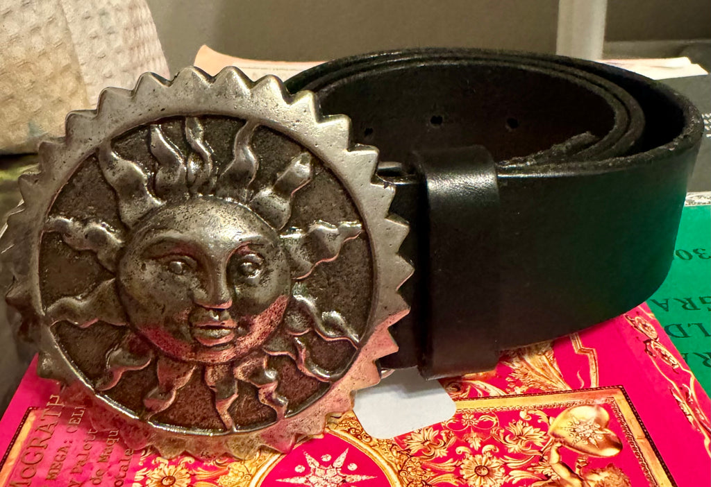 Black Vintage Belt with “Sun-burst,” medallion buckle