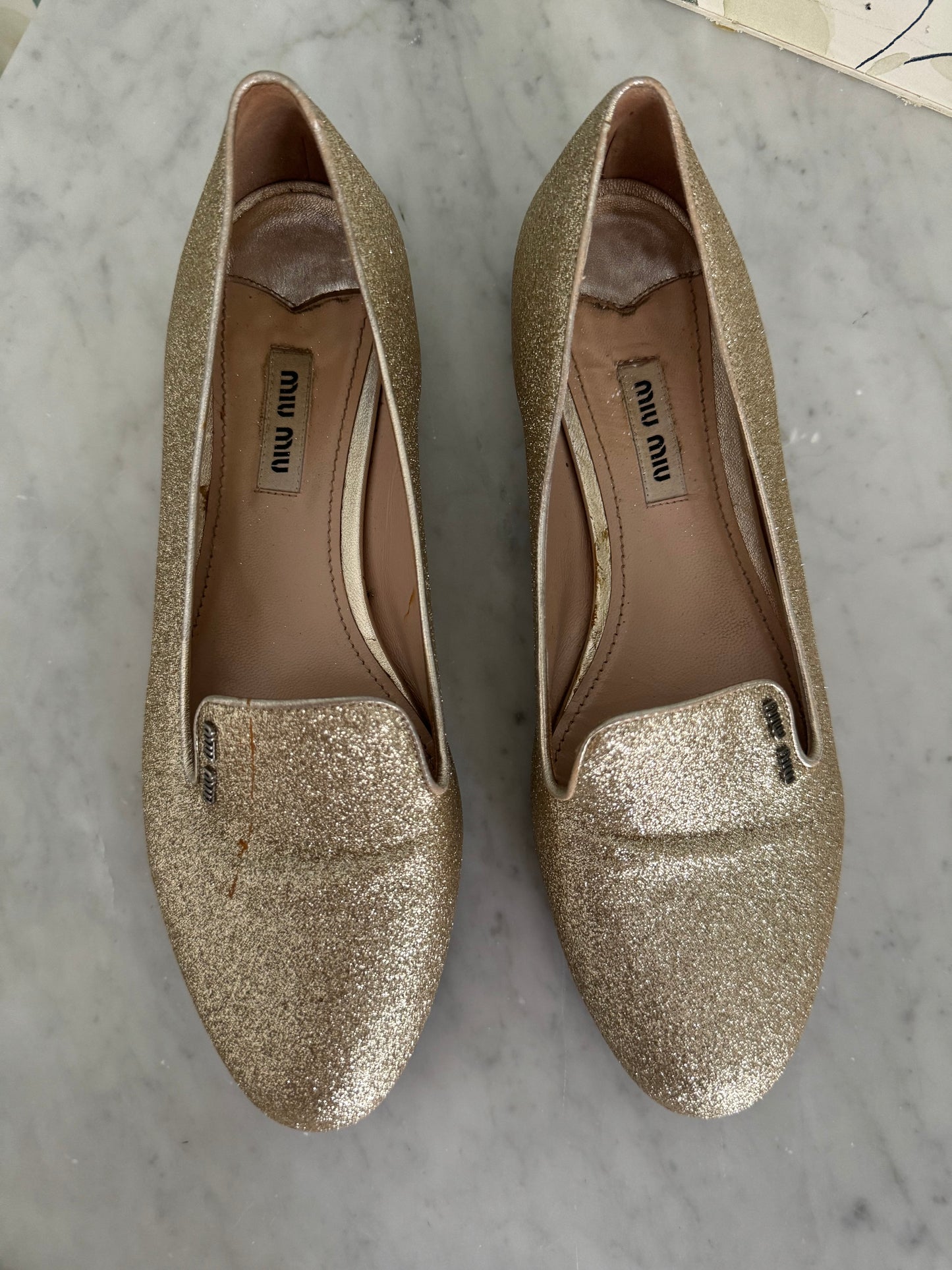 Miu Miu Gold Glitter Smoking Slippers size 38