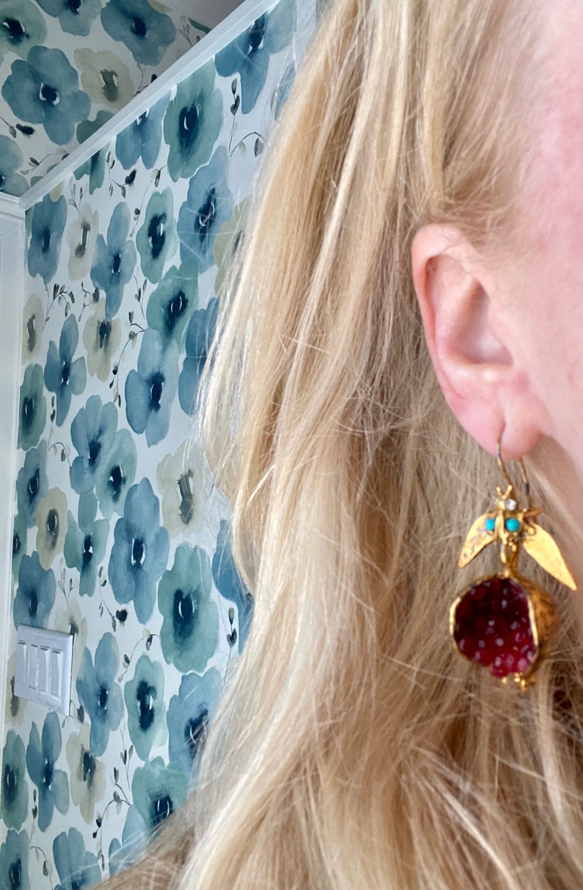 Gold, Rose crystal Pomegranate Earrings with Turquoise accents